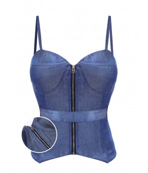 Blue  Spaghetti Strap Zipper Top With Belt