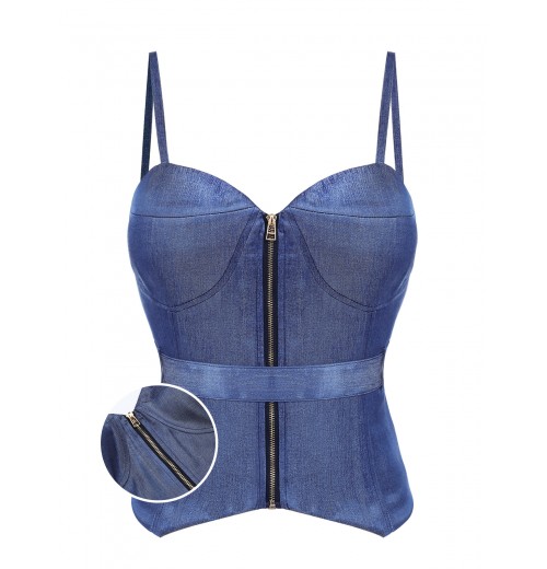 Blue  Spaghetti Strap Zipper Top With Belt