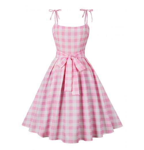 Plus Size Pink  Plaid Strap Dress