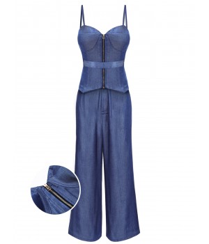 Blue  Spaghetti Strap Top & High Waist Wide Leg Pants