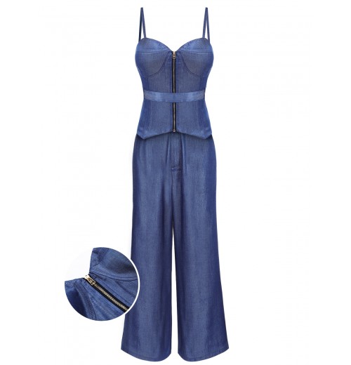 Blue  Spaghetti Strap Top & High Waist Wide Leg Pants