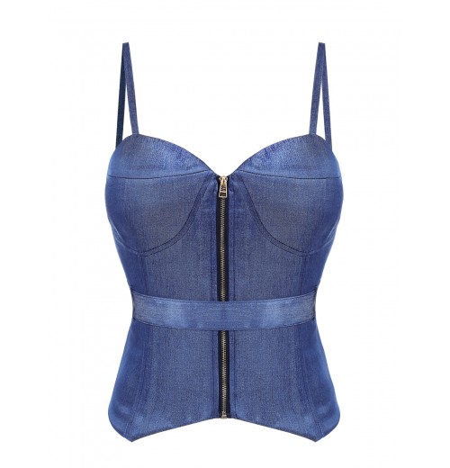 Blue  Spaghetti Strap Zipper Top With Belt