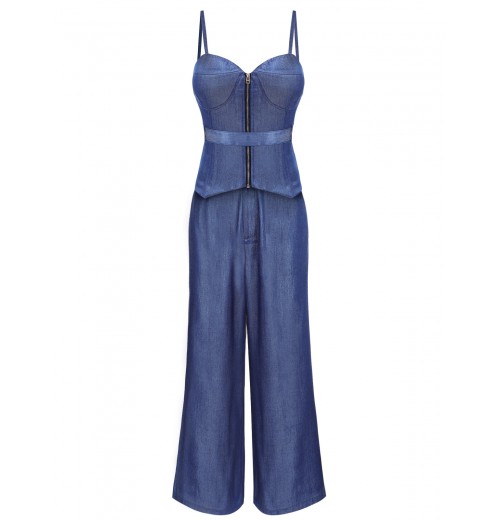 Blue  Spaghetti Strap Top & High Waist Wide Leg Pants