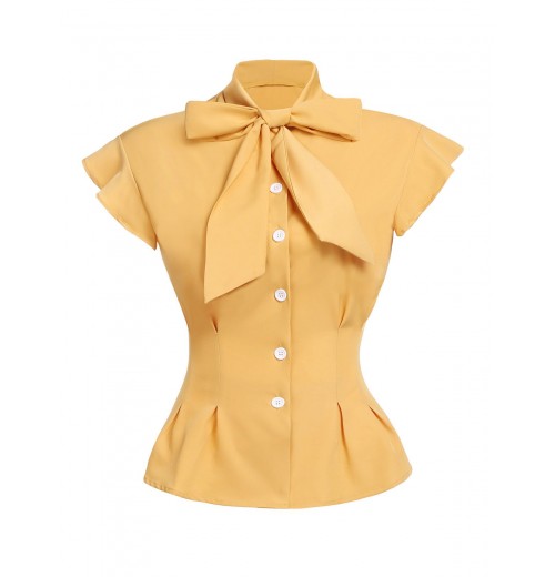 Yellow  Bow Solid Blouse Top