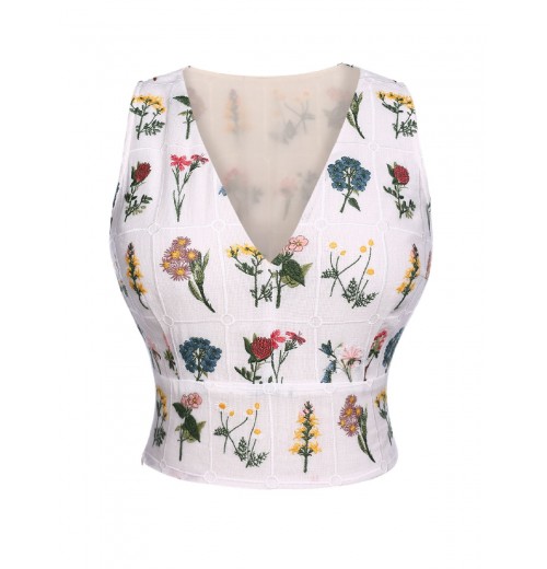 White  Floral Embroidery Crop Top