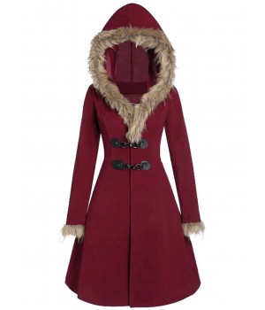  Solid Buckle Fur Trimmed Coat