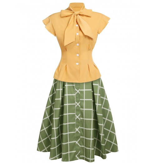 2PCS  Bow Plaid Blouse & Skirt