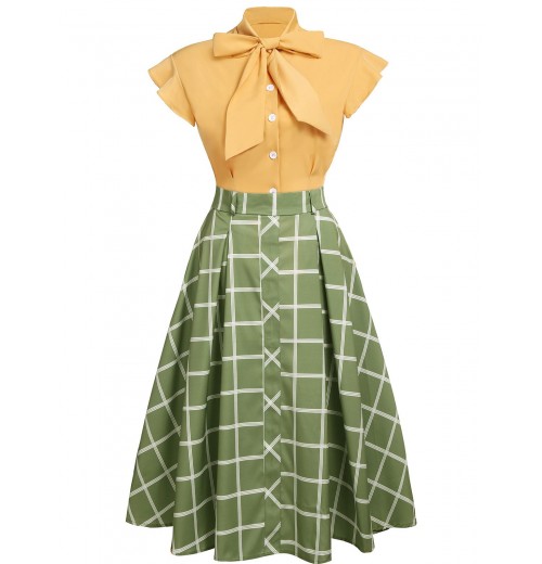 2PCS  Bow Plaid Blouse & Skirt