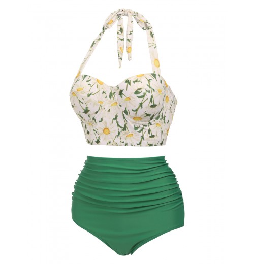  Floral Halter Lace-up Bikini Set