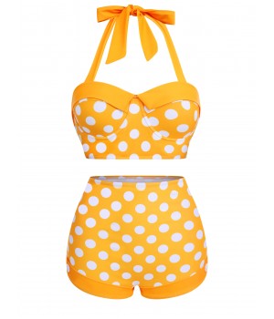 Yellow  Polka Dots Halter Bikini Set