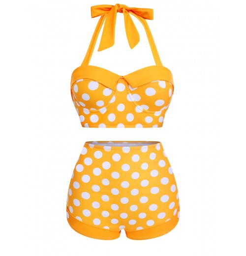 Yellow  Polka Dots Halter Bikini Set