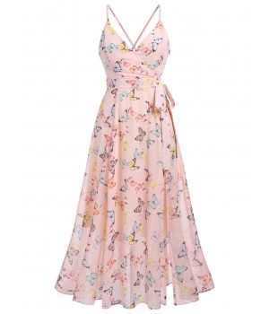 Light Pink Butterfly Strap Lace-up Vintage Dress