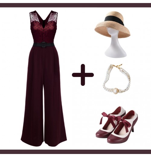 Wine Red  Polka Dot Belt Jumpsuit