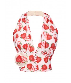 Red  Halter Strawberry Button Tops