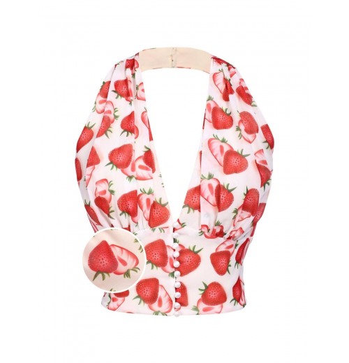 Red  Halter Strawberry Button Tops