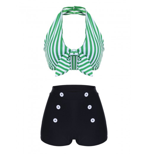 Green   Halter Stripes Bikini Set