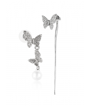 Butterfly Diamond Pearl Asymmetric Earrings