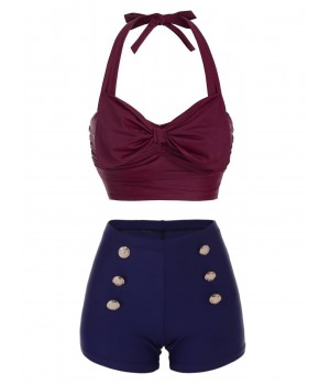 Wine Red  Bow Halter Bikini Set