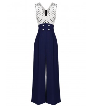  Polka Dot Patchwork Button Jumpsuit