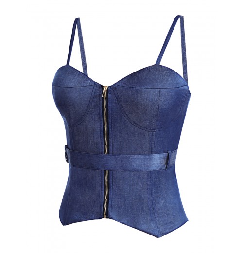 Blue  Spaghetti Strap Zipper Top With Belt