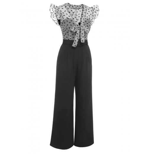 Black  Mesh Bow-knot Patchwork Jumpsuit