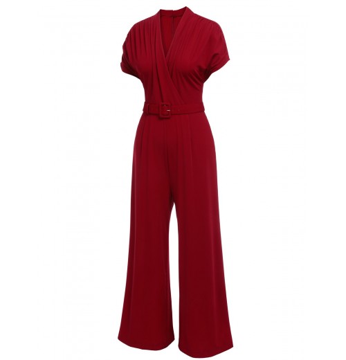 Wine Red  V-neck Solid Wrap Jumpsuit