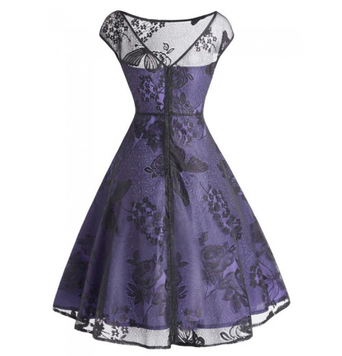 Purple  Mesh Floral Swing Dress