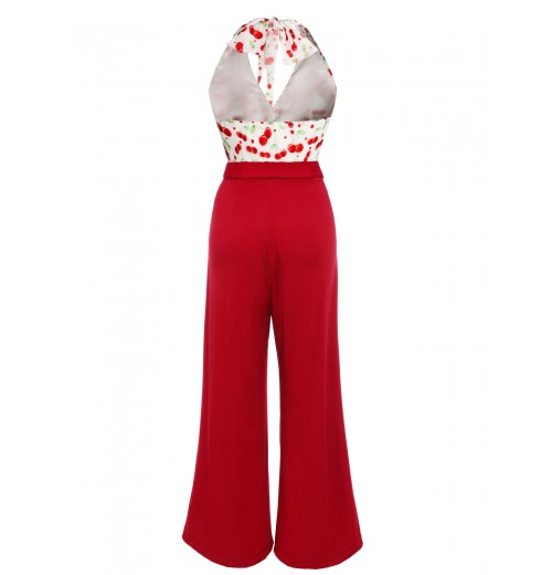 Red  Cherry Belted Halter Jumpsuit