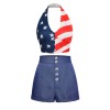 2PCS  Patchwork Flag Tops & Denim Blue Shorts