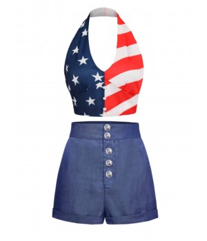 2PCS  Patchwork Flag Tops & Denim Blue Shorts