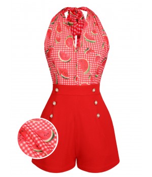 Watermelon Red  Halter Patchwork Romper