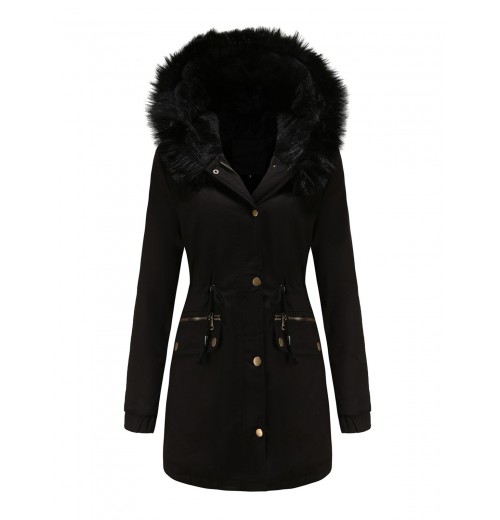  Solid Zipper Fur Trimmed Coat