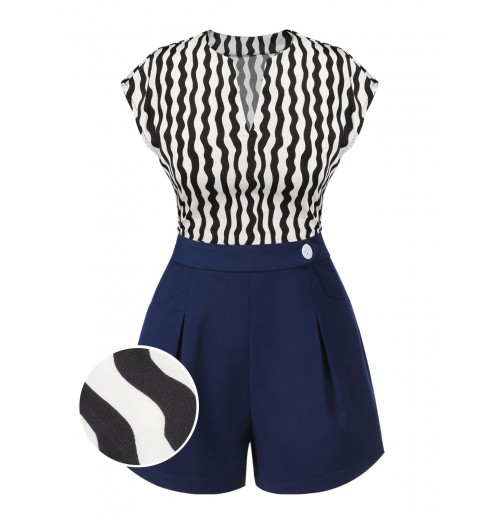 2PCS  Black Curves Blouse & Navy Blue Shorts