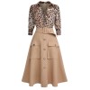 2PCS  Leopard Lapel Romper & Khaki Skirt