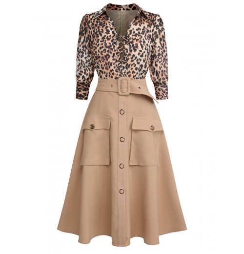 2PCS  Leopard Lapel Romper & Khaki Skirt