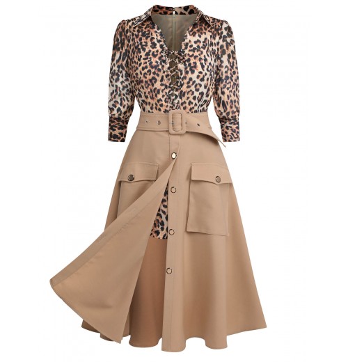 2PCS  Leopard Lapel Romper & Khaki Skirt