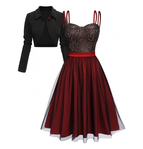 2PCS Red  Strap Dress & Black Crop Jacket