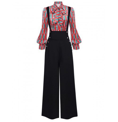 2PCS  Candy Tie-Up Blouse & Black Suspender Pants