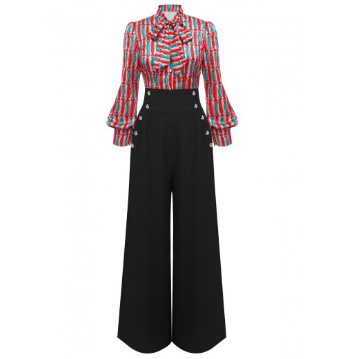 2PCS  Candy Tie-Up Blouse & Black Suspender Pants