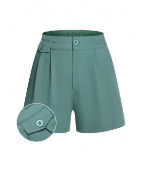 Mint Green  Solid Pleating Decorative Pocket Shorts