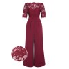 Wine Red  Lace Patchwork Jumpsuit