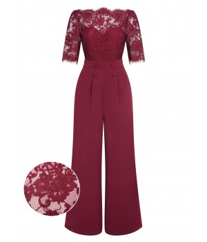 Wine Red  Lace Patchwork Jumpsuit