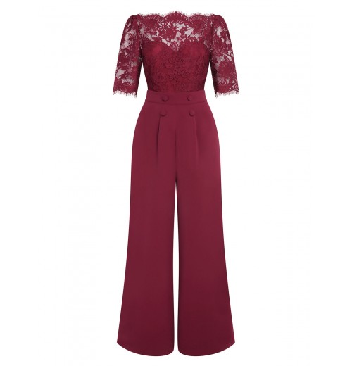 Wine Red  Lace Patchwork Jumpsuit