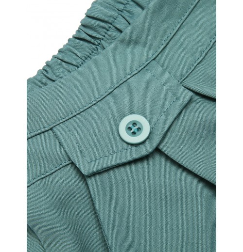 Mint Green  Solid Pleating Decorative Pocket Shorts