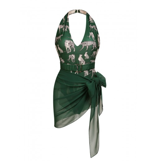 Green  Jaguar Vintage Halter One-piece Swimsuit