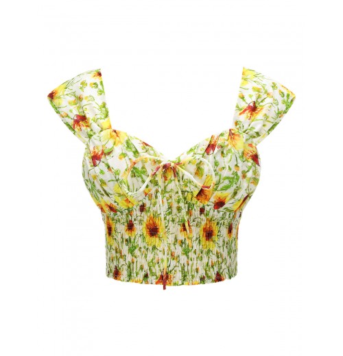 Yellow Sunflower Sweetheart Collar Crop Top