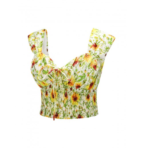 Yellow Sunflower Sweetheart Collar Crop Top