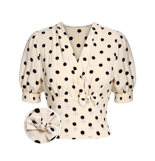 Beige  Dots Bowknot V-Neck Blouse