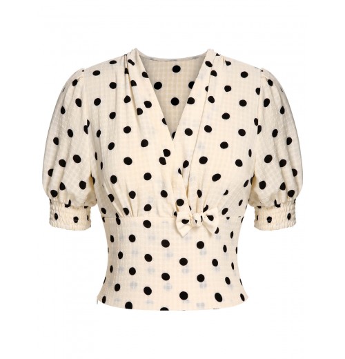 Beige  Dots Bowknot V-Neck Blouse