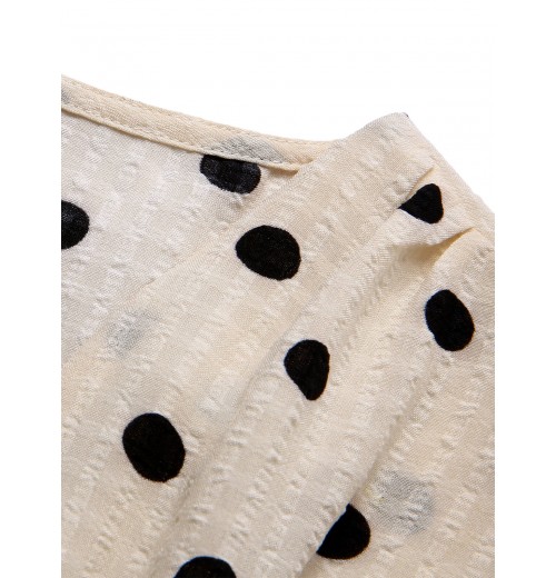 Beige  Dots Bowknot V-Neck Blouse